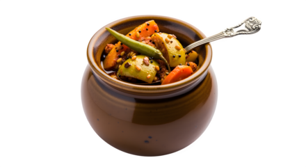 Vibrant mixed vegetable pickle in a rustic clay pot, a flavorful and spicy Indian condiment.