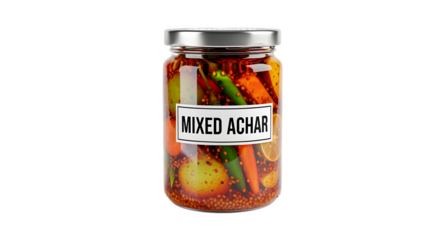 Vibrant mixed achar preserved in a glass jar, a colorful and tangy condiment.