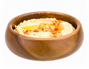 Earthy Wooden Bowl of Vibrant Hummus Garnished and Isolated on a Clean White Background.