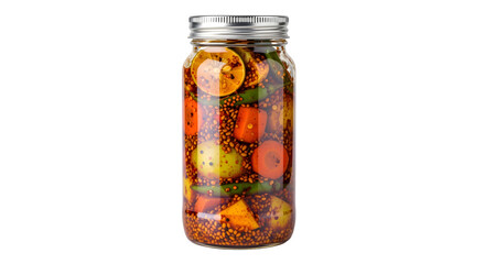 Vibrant homemade pickle in a glass jar, packed with colorful vegetables and spices, ready for preservation.