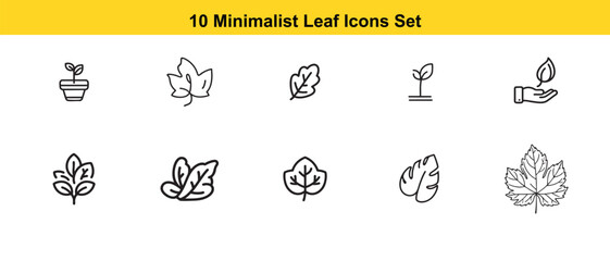 10 Minimalist Leaf Icons Set | Simple Botanical Vector Outline for Logo, Nature, Eco and Design