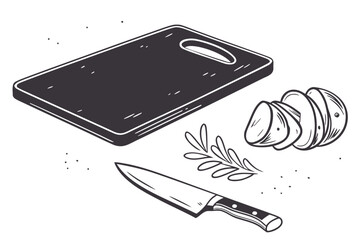 Kitchen preparation scene with cutting board knife and sliced ingredients
