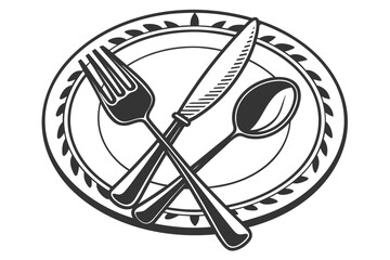 Black and white illustration of a plate with fork knife and spoon