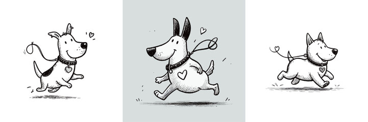 Three adorable dogs in a cartoon style are happily running with their leashes. Each dog displays a unique personality, radiating joy and excitement.