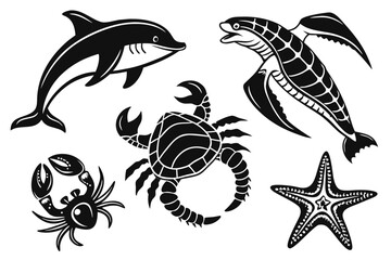 Collection of black and white marine animal silhouettes