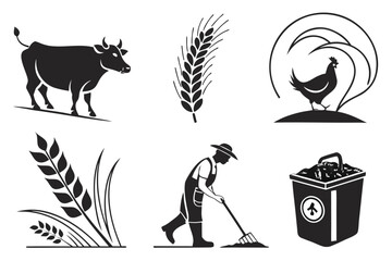 Farm and agriculture icons featuring livestock crops and farmer
