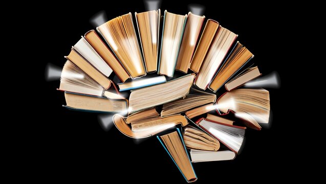 Antique Books Formed as Human Brain with Dramatic Light Beams