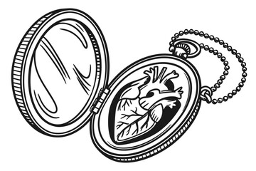 Open locket containing a detailed anatomical heart illustration