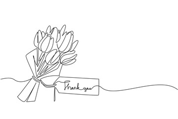 A one line drawing of tulips arranged in a bouquet with a thank you tag note paper, symbolizing a nature concept of elegance and appreciation, created for Thank You Day celebration of gratitude.