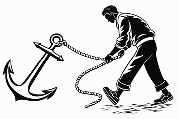 Man pulling anchor rope nautical illustration