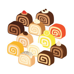 Fototapeta premium A delicious assortment of sweet rolled cakes with creamy fillings and chocolate glaze