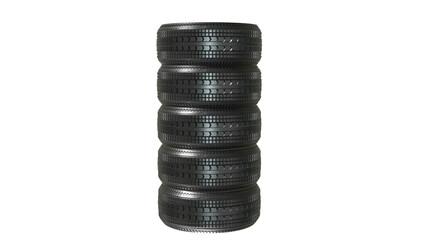Close-up of a stack of five brand-new tires created by 3D modeling.