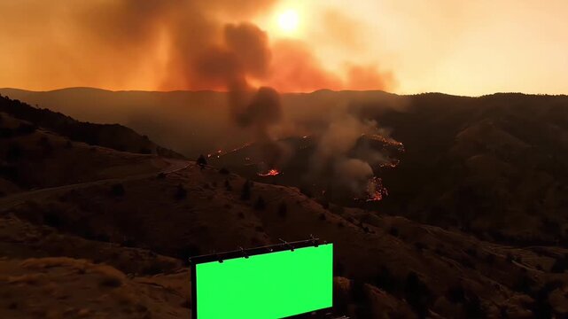 Filming a disaster movie scene with a massive wildfire and a chroma key green screen for special effects composition