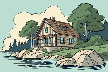 Cozy lakeside cabin surrounded by nature and water