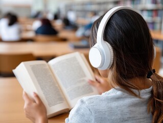Rear view of a young person wearing white headphones while reading a book in a library, with blurred students in the background.