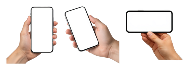 Mobile phone set including various hand-held orientations and blank screens isolated. Technology display mockup.
