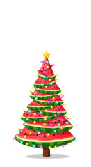 Slices of watermelon arranged to form a Christmas tree shape, adorned with festive lights and a star on top.