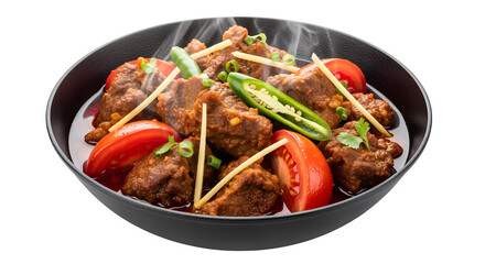 Hearty and flavorful stew with fresh tomatoes and vibrant green chilies, served steaming hot.