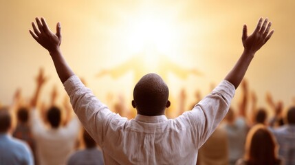 A rear view of a man with arms raised in worship, surrounded by a praising crowd, facing a bright, ethereal figure.