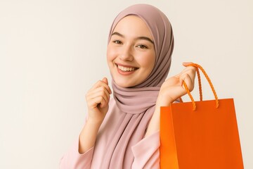 Happy Muslim Malay woman with hijab holding orange shopping bag