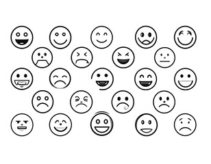A variety of simple, black line art emoticons are displayed on a plain white background, showcasing a range of emotions.