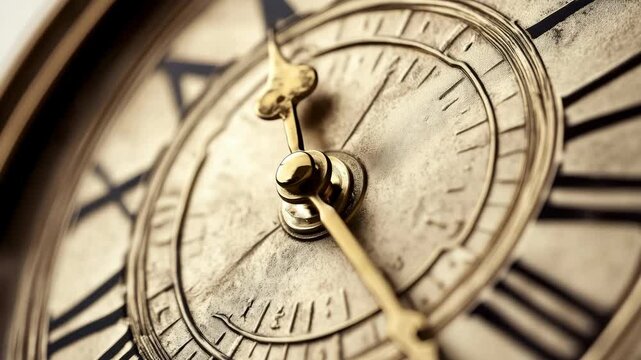 Close-up video shot of a vintage clock face, showcasing intricate Roman numerals and ornate hands, highlighting the elegance of time's passage. Live desktop wallpaper.