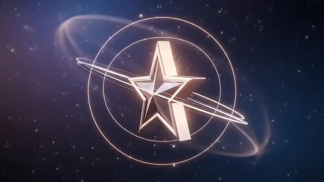 Animated Star Logo Reveal with Orbiting Rings on a Dark Blue Starry Background