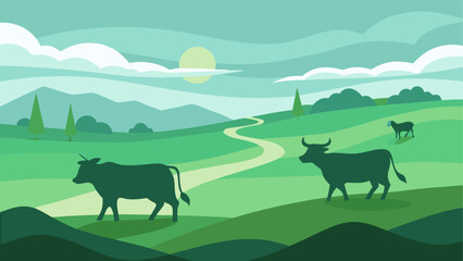 Cows grazing in a green hilly landscape