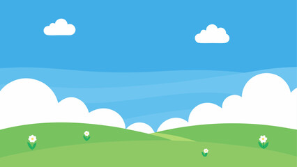 Fototapeta premium Green field with flowers and cloudy sky