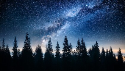 Naklejka premium Enchanting Nighttime Forest Scene With A Starry Galaxy Cosmos Filling The Sky Bathing The Silhouetted Trees In A Mystical Ethereal Glow