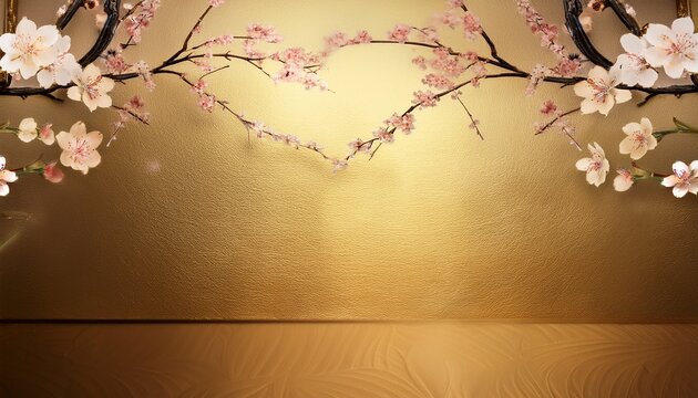 Enchanting Ukiyo E Style Gold Leaf Wall With Cherry Blossoms On Shimmering Gradient Background