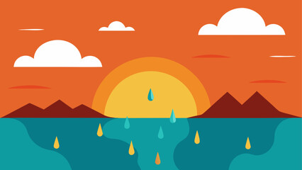 Sunset over mountains with falling drops