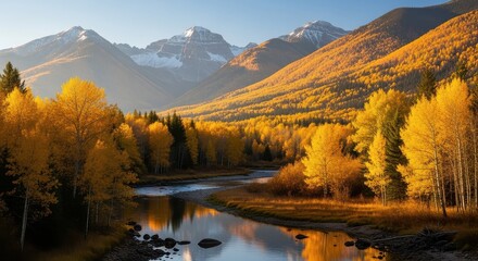 Naklejka premium Golden Autumn Forest Trees River Reflecting Majestic Snow Capped Mountain Peaks Warm Sunlight