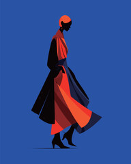 A model walks confidently in a flowing red and black outfit, showcasing an elegant and artistic silhouette. The vibrant blue background adds contrast to the dramatic look.