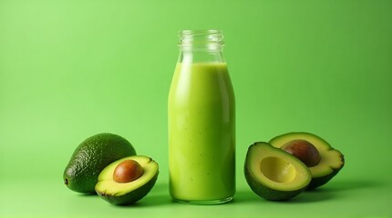 Refreshing avocado smoothie in a glass bottle surrounded by fresh avocados on a vibrant green background.