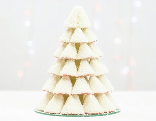 Elegant Christmas Tree Tower Crafted from Stacked Coconut Pastries on a Bokeh Background.