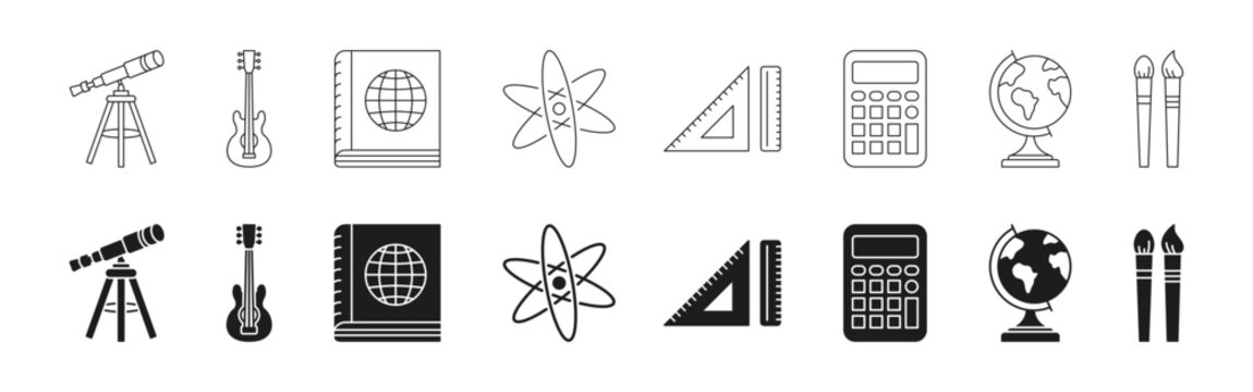 Educational Tools And Instruments Line And Solid Icon Set. Science, Music, Geography, Art Symbol Collection. Isolated Vector Illustration