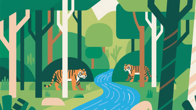 illustration of dense forest with river and tiger wildlife vector design template