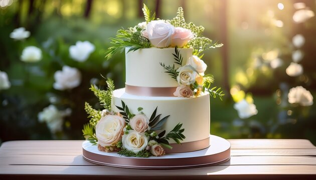 Elegant Two Tier Cake Adorned With Delicate Flowers And Greenery In Soft Natural Light