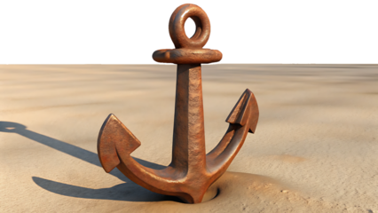 A rusty anchor stuck in the sand on a transparent background