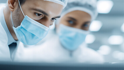 Doctors in protective masks performing surgery in bright operating room, symbolizing medicine, healthcare, professionalism and modern medical technology.