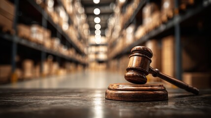 Wooden gavel in a warehouse, boxes blur in the background. Use for illustrating supply chain issues or legal cases.