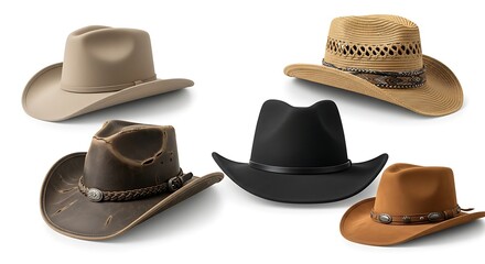 Collection of Five Cowboy Hats in Various Colors and Styles.