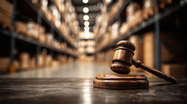Wooden gavel in a warehouse, boxes blur in the background. Use for illustrating supply chain issues or legal cases.