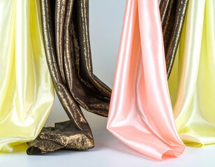 Elegant Drapes of Contrasting Textiles Lustrous Satin and Gilded Bronze Fabric.