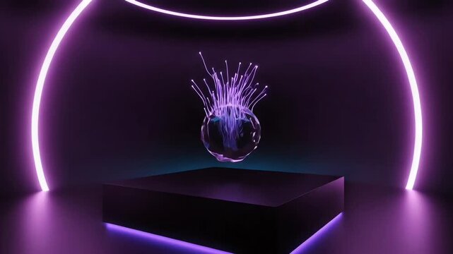 Futuristic 3D rendering of a glowing energy core, a glass orb with luminous fiber optic strands on a dark stage with purple neon lights
