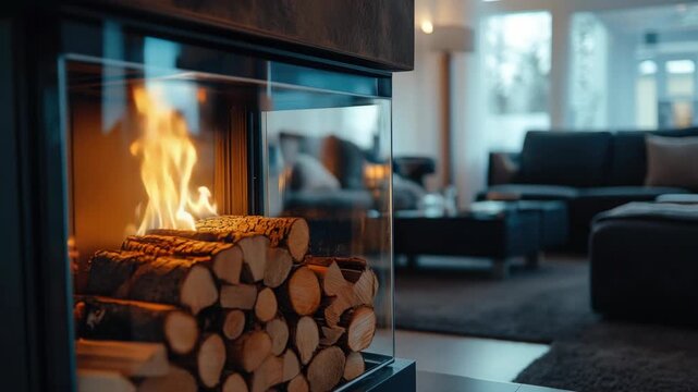 A comfortable living room scene with a lit fireplace, inviting furniture, and cozy seating areas.