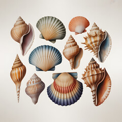 A collection of diverse seashells, rendered in a watercolor painting style