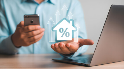 Financial Growth in Real Estate: The image showcases a person using digital tools to monitor the burgeoning real estate market, with an augmented reality graphic reflecting upward growth trends. 