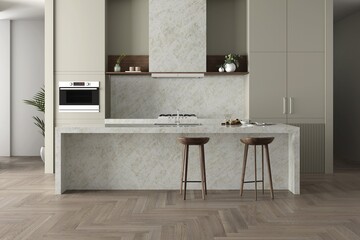 Modern huge white kitchen and dining room interior, one inbuilt oven in the wooden furniture, glossy white tile on countertop with full height backsplash, center island, luxury kitchen. 3D Rendering